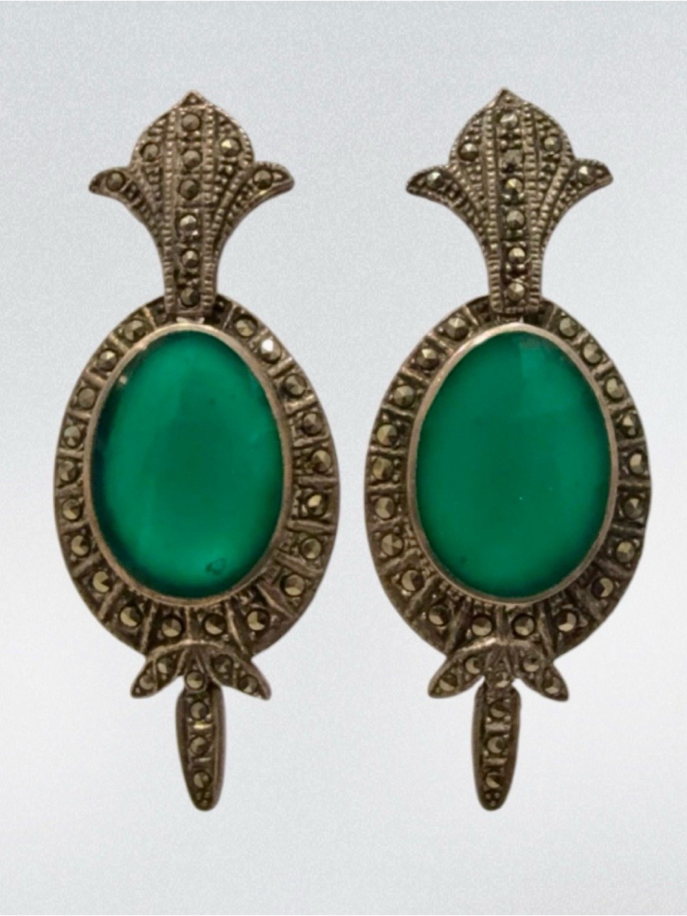 Vintage Sterling Deco Green Cab Stone & Marcasite Dangle Drop Earrings 2.25” 16g